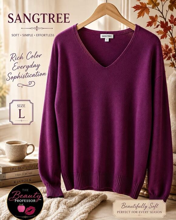 Sangtree Sweaters - SANGTREE Womens L Plum Purple V Neck Sweater Soft Knit Long Sleeve Pullover